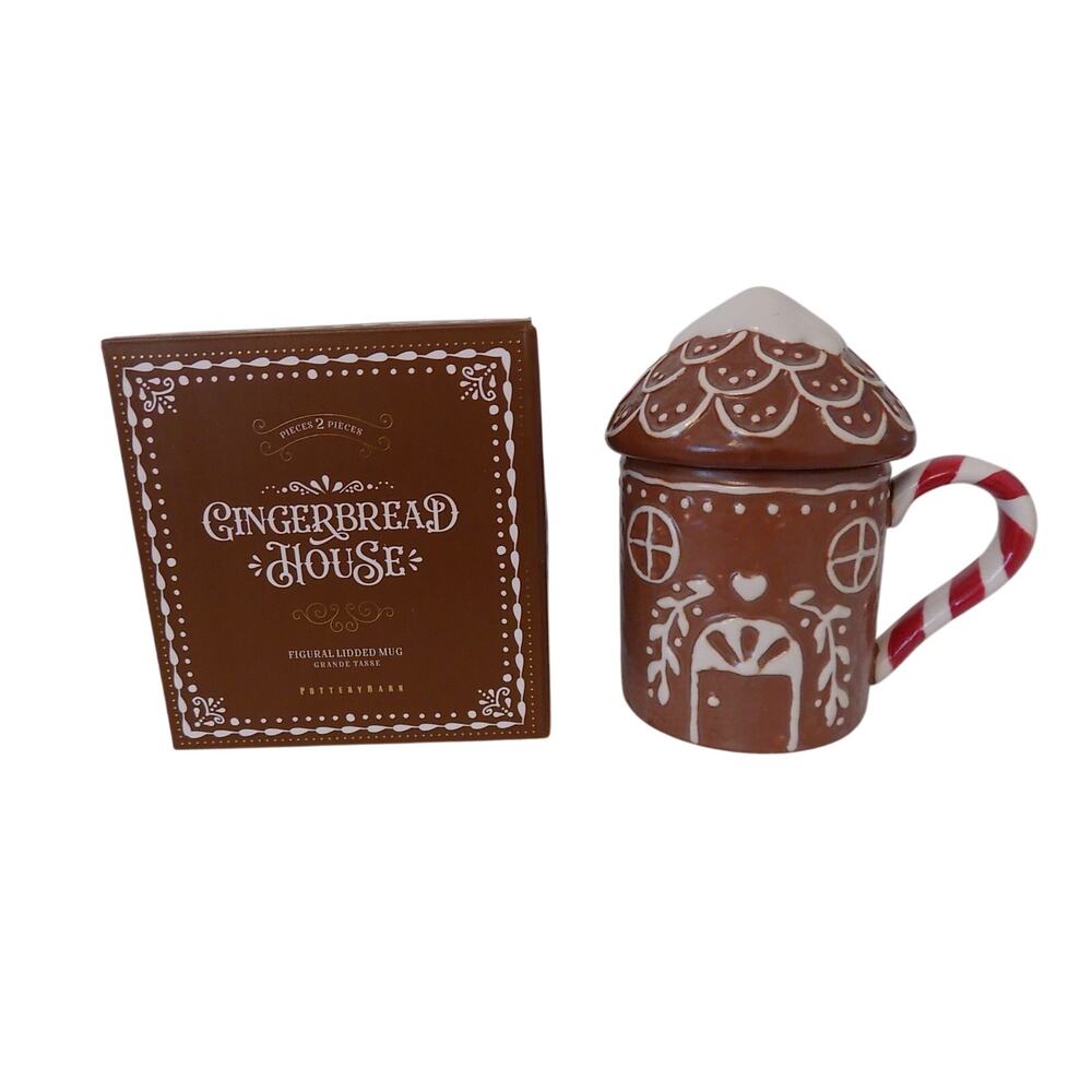 Pottery Barn Gingerbread House Lidded Stoneware Mug Holiday Christmas NEW